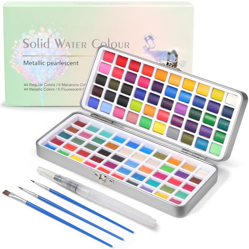 100 Colors Watercolor Paint Set, 50 Regular, 35 Pearlescent, 5 Macaron, 10 Fluorescent Portable Case with Water Brush Pens & Water Color Set for Beginners, Artists & Professionals
