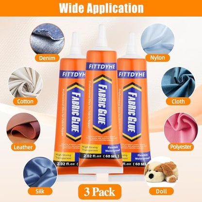 3Pcs Fabric Glue Permanent, 60 ML Washable Clear Clothing Glue, Super Fabric Glue for Rhinestones, Patches, Clothes, Denim, Leather, Polyester, Fabrics, Doll Repair, Flannel, Cotton - size: 3 count