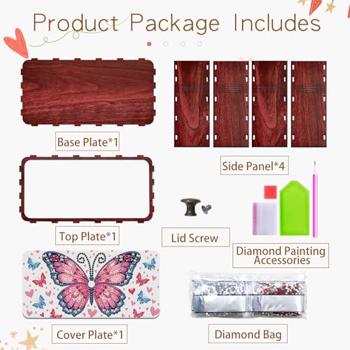 Diamond Art Painting Storage Box Kit, DIY Rectangular Wooden Decorative Container Holder with Lid, Snack Jewelry Gem Art Organizer Case for Adults (Butterfly) - style: Butterfly