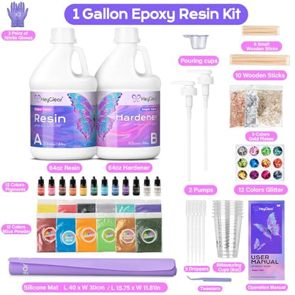 HeyClear 1 Gallon Epoxy Resin Kit Crystal Clear, Hard 2 Part Epoxy and Hardener for Casting Coating, Countertop, Table Top, Jewelry Making, DIY Crafts Art for Adults Resina Epoxica para Manualidades - size: 1 Gallon Kit