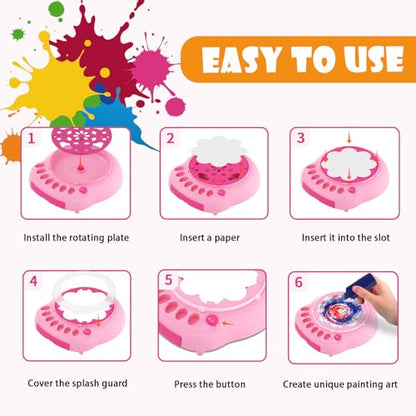 Spin Art Machine for Kids, Paint Spinner Arts & Crafts Kit for Ages 4-12 | Mess-Free Motorized Spinner With Splash Guard; 7 Washable Paints & 36 Art Boards Make A Unique Design Every Spin - color: Pink