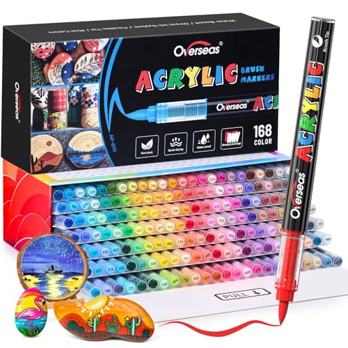 Overseas 168 Colors Acrylic Paint Markers, Water Based Brush Tip Paint Pens | Automatic Ink Control, No Bleed, Waterproof, Quick Dry, Assorted Colors Marker for Rock Painting, Fabric, Wood, Glass, Metal - style: 168 Colors