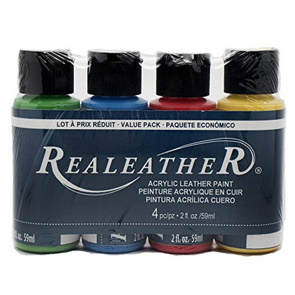 Realeather F2604-01 Acrylic Leather Paint Set, Full Coverage, Waterproof Paint 2 Fl. Oz. Primary Colors, Red, Yellow, Blue, Green, 4-Pack - color: Primary Colors, Red, Yellow, Blue, Green