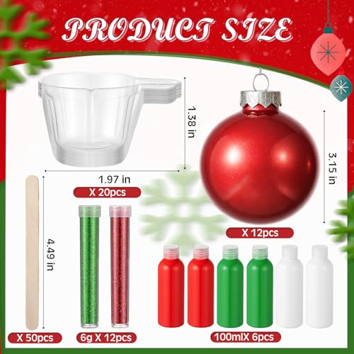 Baderke 12 Pcs Christmas Hanging Clear Plastic Fillable Ornaments with 6 Paint, 12 Glitters, Stick and Mixing Cups DIY Christmas Ornament Balls for Tree Hanging Decorations