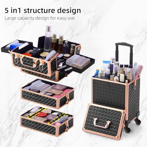 Somduy Rolling Makeup Case, Makeup Train Case with Lid, 5 in 1 Cosmetology Case on Wheels, Christmas Gift, Large Makeup Organizers, Profesional Cosmetic Case for Salon Barber, Black gold - color: Black gold