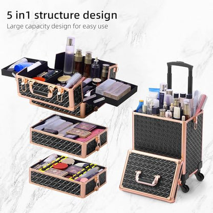 Somduy Rolling Makeup Case, Makeup Train Case with Lid, 5 in 1 Cosmetology Case on Wheels, Christmas Gift, Large Makeup Organizers, Profesional Cosmetic Case for Salon Barber, Black gold - color: Black gold