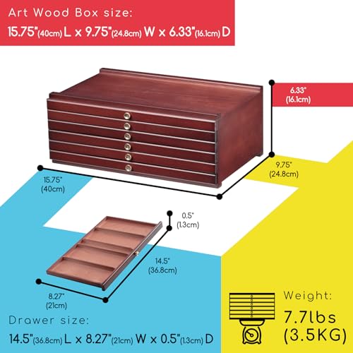 MEEDEN 6-drawer Wood Artist Supply Storage Box, Portable Beechwood Multifunctional Pencil Brush Organizer Wood Box with Drawer&Compartments for Pastels, Pencils, Pens, Makeup Brushes(Deep Walnut) - size: 6 Layer Drawers
