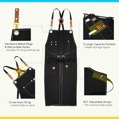 MEEDEN Painting Apron for Men Women: Adjustable Cross Back Waterproof Polyester Canvas Art Apron with 3 Pockets - Artist Apron for Acrylic Oil & Watercolor Painting, Gardening, Cooking - Black - color: Black