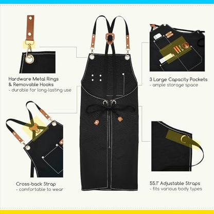 MEEDEN Painting Apron for Men Women: Adjustable Cross Back Waterproof Polyester Canvas Art Apron with 3 Pockets - Artist Apron for Acrylic Oil & Watercolor Painting, Gardening, Cooking - Black - color: Black