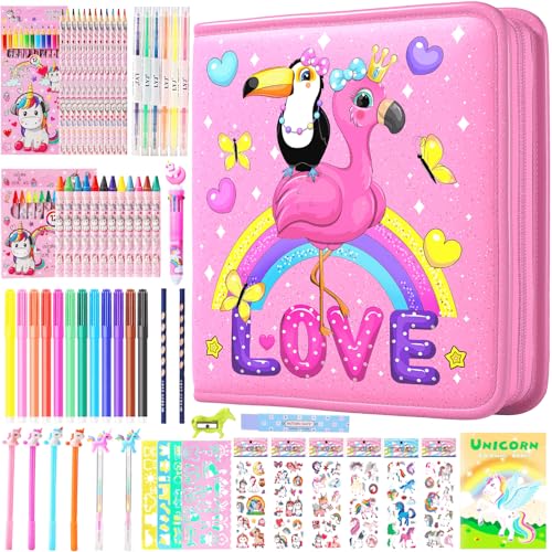 DOKKIA Fruit Scented Coloring Pens Markers Set 65 PCS Art Craft Drawing Case - Washable Kits Pencil,Gel Pen,Crayon&Coloring Book Supplies Flamingo Toucan Pink - color: Flamingo Toucan Pink