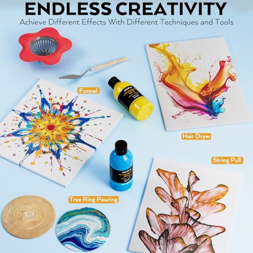 Nicpro 24 Colors 8.45oz Acrylic Pour Paint Supplies Kit, Large Volume Premixed High Flow Painting Bulk Set with Canvas, Wood Natural Slices, Pouring Oil, Tools Gloves, Strainer, Cups for Beginner DIY - color: 24 Colors