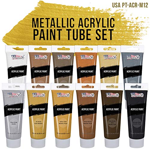 U.S. Art Supply Professional Metallic Acrylic Paint Set - 12 Rich Metallic Colors, 75ml Tubes - Craft Paint for Canvas, Wood, Rock, Model Painting - style: 12 Colors