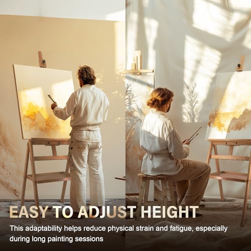 Solid Beech Wood Painting Easel with Storage Plate (60"~75" H), H-Frame Adjustable Art Wooden Easel Stand with Signature Plate for Adults, Students,Sturdy Canvas Holder up to 36'' - style: Easel Plate