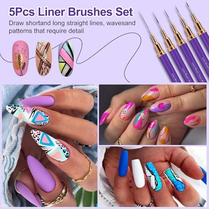 MUIIGOOD Nail Art Liner Brushes, 5Pcs Liner Brush For Nails, Painting Nail Art Brush Set Dotting Drawing Tool for Long Lines, Thin Details, UV Gel Polish Painting, Fine Drawing 7/9/11/15/25mm(Purple) - color: Purple
