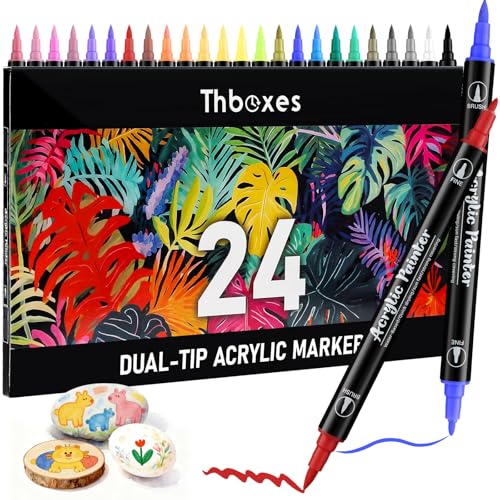 Thboxes 24 Colors Acrylic Paint Markers - Waterproof Dual Tip Paint Pens for Rock Painting, Fabric, Wood, Glass, Canvas - Valentines Day Gifts & Art Supplies - color: Multicolor C