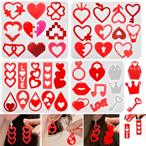 4 Pack Resin Earring Molds with Holes, Resin Jewelry Molds Variety Heart Lips Crown Keys Lock Waterdrop Musical Notes Love, Shape Silicone Earring Pendant Bracelet Charm Mold - color: 4 PCS Love Heart Resin Earring Molds