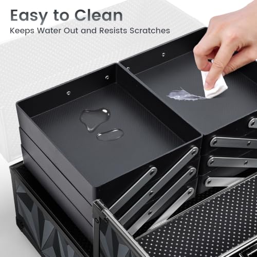 FRENESSA Makeup Train Case Makeup Case 11.8 Inch Large Cosmetic Box Organizer Travel Storage Professional Make Up Train Carrying Case with 6 Trays Locking Hard Vanity Storage Dark Black - color: Dark Black