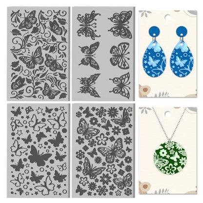 CHGCRAFT 4 Sheets Butterflies Clay Texture Mat Flowers Pattern Polymer Clay Texture Sheets DIY Tools for Pottery Earring Jewelry Making Stamp Engraving Machines, 4x2.6inch - style: Butterflies