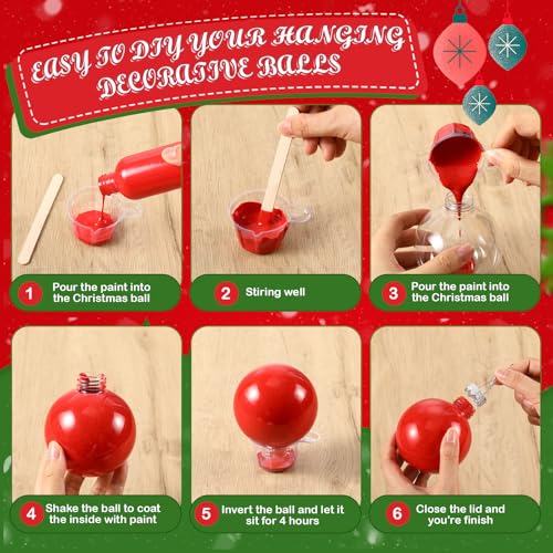 Baderke 12 Pcs Christmas Hanging Clear Plastic Fillable Ornaments with 6 Paint, 12 Glitters, Stick and Mixing Cups DIY Christmas Ornament Balls for Tree Hanging Decorations