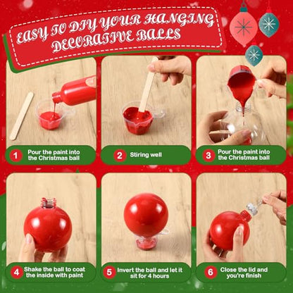 Baderke 12 Pcs Christmas Hanging Clear Plastic Fillable Ornaments with 6 Paint, 12 Glitters, Stick and Mixing Cups DIY Christmas Ornament Balls for Tree Hanging Decorations
