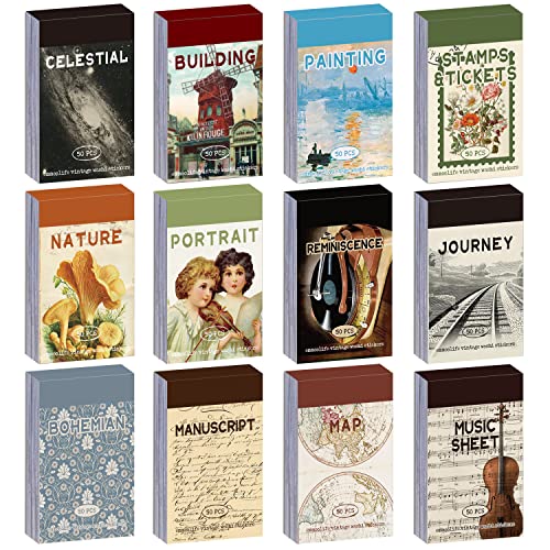 12 Sets 600 Sheets Washi Stickers for Journaling, Map Nature Celestial Portrait Boho Stickers Vintage Aesthetic Scrapbook Sticker Set for Bullet Journal Art Diary Card Craft Gifts Planner Notebook - style: Vintage Style 2