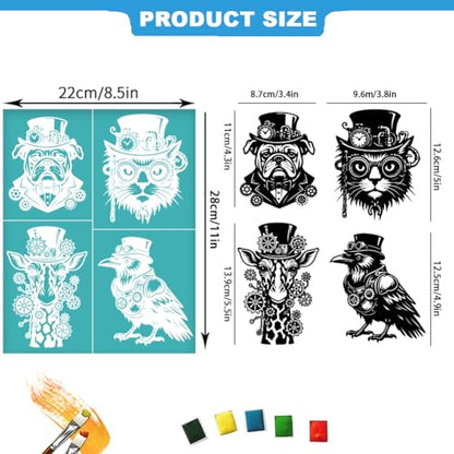 2 Sheets Punk Animal Silkscreen Stencil, Animal Printing Stencils Templates Reusable Self-Adhesive Silk Screen for Painting on Wall, Wood, T-Shirt, Fabric, Home Craft Decor, 8.7x11 Inch - style: Punk Animal