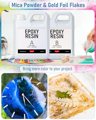 Smallbudi 1 Gallon Epoxy Resin Kit with 24 Colors Mica Powder, Gold Foil, Cups & Stick, Crystal Clear Resin Beginner Supplies for Coating Casting Table, Molds, Jewelry Making, DIY Art Craft, 1:1 Ratio - size: 1 gallon