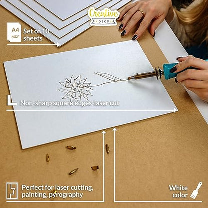Creative Deco 10 x MDF Board Sheet White | 12 x 8 | Perfect for Home Decor, Arts and Crafts, Painting, DIY Projects, Laser Cutter, CNC Machine, Scroll Saw, Stenciling, Pyrography