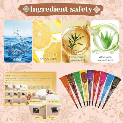 Temporary Body Art Tattoo Kit with 9 Colors Cones,18 Reusable Stencils, 255 Pcs Designed Tattoos Pattern,Mixing Bottles, Brush & Gloves, DIY Skin Art Set for Festivals, Parties & Creative Makeup - color: E-9Pcs