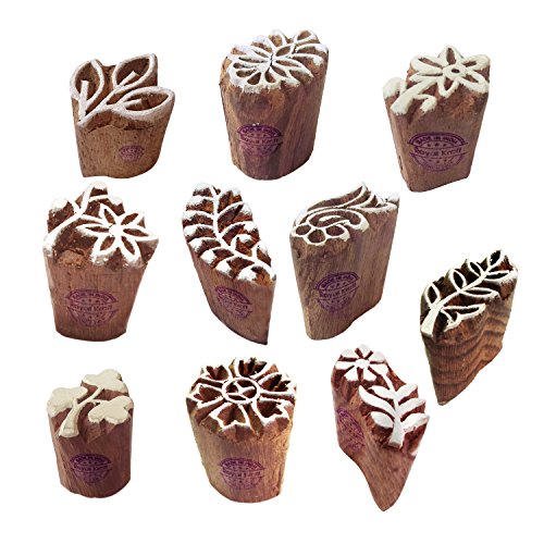 Henna Print Stamps Attractive Small Floral Leaf Shape Wooden Blocks (Set of 10) Htag2107 - color: Htag2107