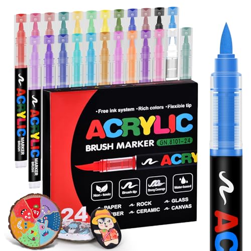 Acrylic Paint Markers 24 Colors, Water-Based No-Bleed Markers with Automatic Ink Control, Premium Acrylic Paint Pens for Wood, Canvas, Rock Painting, Glass, Ceramic Surfaces, DIY Crafts - color: 24 Colors
