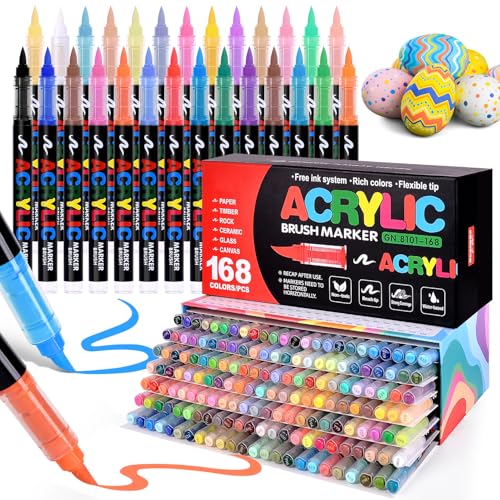 168 Colors Acrylic Paint Markers, Direct-Liquid Ink Control System, Premium Brush Tip Acrylic Paint Pens for School Art, Rock, Egg, Fabric, Wood, DIY Crafts (Includes Replacement Nibs) - color: 168 Colors