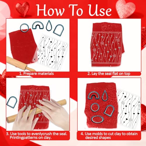CHGCRAFT 4 Pcs Valentine's Day Heart Grid Polymer Clay Texture Sheet Wave Silicone Clay Texture Mat for Polymer Clay Making Earrings Jewelry DIY Crafts 5.5 × 5.5 Inch - style: Valentine's Day