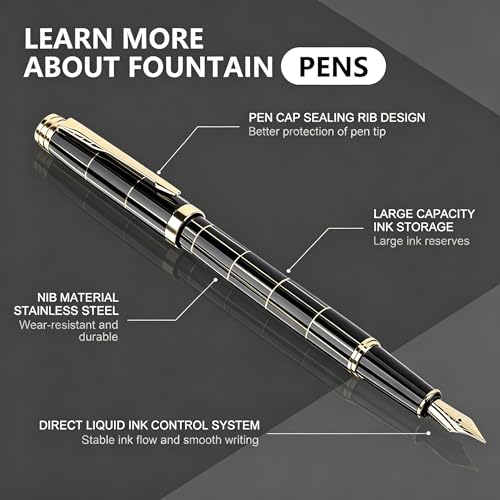 Tiankool Luxury Fountain Pen,Fine Nib, Exquisite Pen Gift Set for Men&Women-Includes 10 Ink Cartridges&Ink Converter- Nice Pens - Black - Gold Plaid - color: Black - Gold Plaid