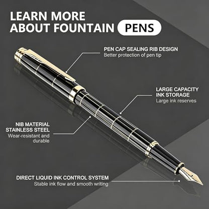 Tiankool Luxury Fountain Pen,Fine Nib, Exquisite Pen Gift Set for Men&Women-Includes 10 Ink Cartridges&Ink Converter- Nice Pens - Black - Gold Plaid - color: Black - Gold Plaid
