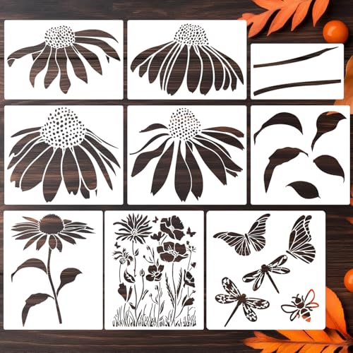 Large Flower Stencils for Walls Fence Stencil for Outdoors Reusable Cone Flower Stencils for Painting on Wood Fence Furniture Fabrics DIY Crafts Decor - style: Coneflower