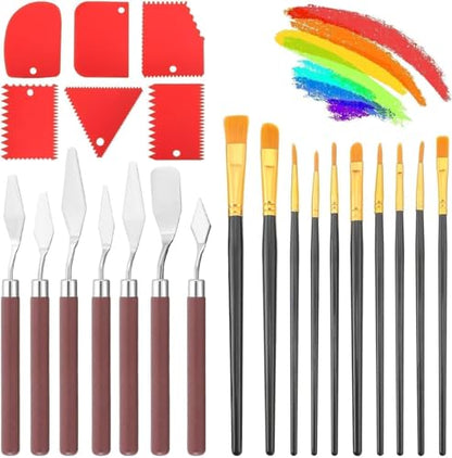 EEEKit 23 PCS Palette Knife Set, Stainless Steel Spatula Pallet Knife with Synthetic Brushes for Acrylic, Art Paint Scrapers for Oil Canvas, Watercolor Painting
