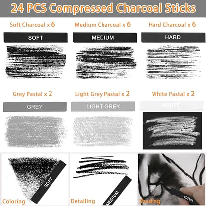 24 Pcs Compressed Charcoal Sticks with Soft, Medium, Hard and White Charcoal, Square Vine Charcoal Stick Kit for Drawing, Sketching and Shading, Art Supplies for Artists Beginners