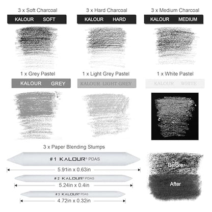 KALOUR 15 Pro Compressed Charcoal Drawing Set with Blending Stumps- Soft,Medium,Hard and White Charcoal - Charcoal Sticks for Drawing Sketching Shading - Art Supplies for Artists Beginners Adults