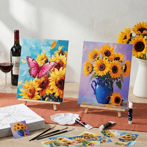 Engrowtic 12 Pcs 8 x 10'' Sunflower Flower Pre Drawn Canvas to Paint Pre Printed Sketched Canvas for Adult Ladies Paint Art Party Favor Board Set for Craft(Vivid Style) - style: Vivid Style