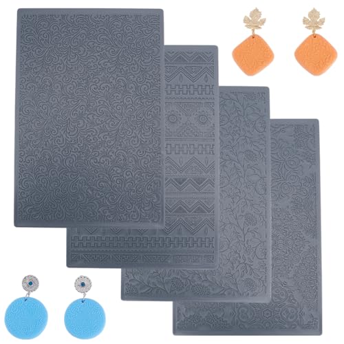 HOBBIESAY 4pcs Polymer Clay Texture Sheets Set Texture Sheets Polymer Clay Works with Polymer Clay Cutter Effect as Polymer Clay Texture Roller Leaves and Flowers for DIY Clay Making