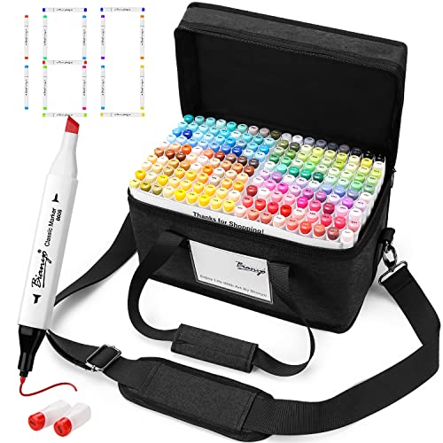 Bianyo 180 Colors Alcohol Markers Set, Dual Tip Fine & Chisel Markers for Adult Coloring, Drawing & Sketching, Popular Color Collection with Black Canvas Bag – High-Value Set for Artists - color: 180 Classic Colors