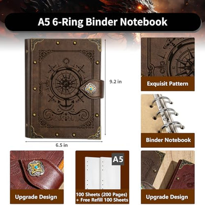 DUROTAN Compass Journal Notebook,Unique A5 Binder 400 Page | For Travel Diary Writing Journal Notebook for Men Women Dnd Gift with Blank Pages - color: 9-GrayBrown-Compass