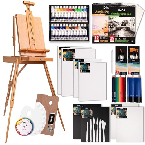 DJAR 89 Pcs Acrylic Paint Set with Wooden French Easel for Adults | Professional Painting Kit Includes 24 Color Acrylic Paint, Canvas, Brushes & Art Supplies for Students, Beginners