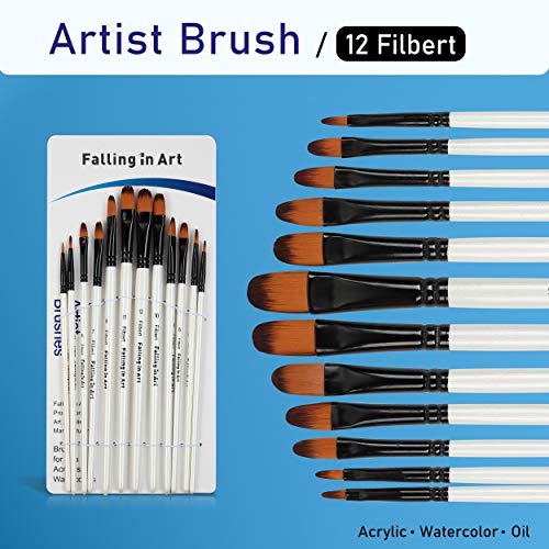 Falling in Art Paint Brushes Set, 12 PCS Nylon Professional Filbert Paint Brushes for Watercolor, Oil Painting, Acrylic, Face Body Nail Art, Crafts, Rock Painting - size: 12 Pcs Filbert Nylon