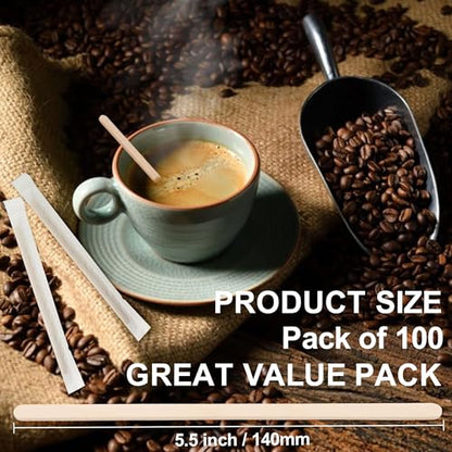 ANTETOK Wooden Coffee Stirrers - Coffee Stir Sticks 5.5 Inch,100pcs Individually Wrapped Disposable Swizzle Sticks,Swizzle Drink Sticks for Coffee,Tea,Cocktail and Hot Chocolate - size: 5.5Inch-100pcs(Wrapped)