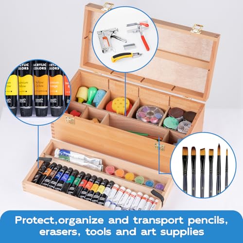 Falling in Art Large Art Supply Storage Box, Solid Beechwood Tool Box, Artist Storage Organizer with Drawer for Paintbrushes, Paints, and Pastels