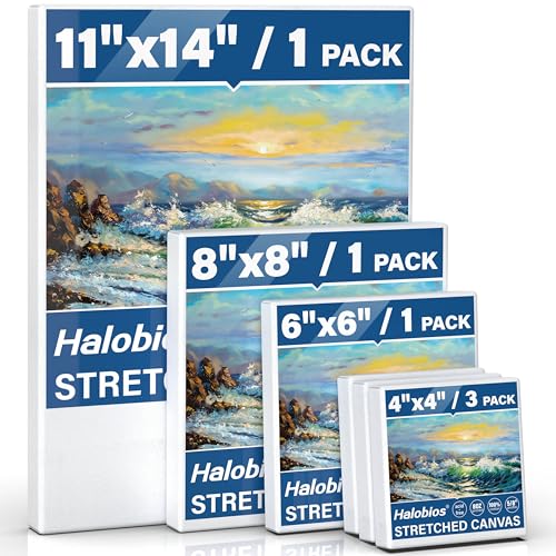 Halobios 6 Packs Stretched Canvases for Painting with 4x4 Inch, 6x6 Inch, 8x8 Inch, 11x14 Inch, Painting Canvases for Acrylics,Oils & Other Media, 5/8 Inch Profile 100% Cotton Artist Framed Canvas - size: 6 Pack Mixed - 11×14IN 8×8IN 6×6IN 4×4IN