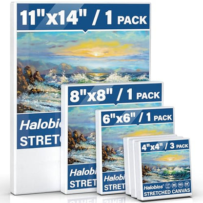 Halobios 6 Packs Stretched Canvases for Painting with 4x4 Inch, 6x6 Inch, 8x8 Inch, 11x14 Inch, Painting Canvases for Acrylics,Oils & Other Media, 5/8 Inch Profile 100% Cotton Artist Framed Canvas - size: 6 Pack Mixed - 11×14IN 8×8IN 6×6IN 4×4IN