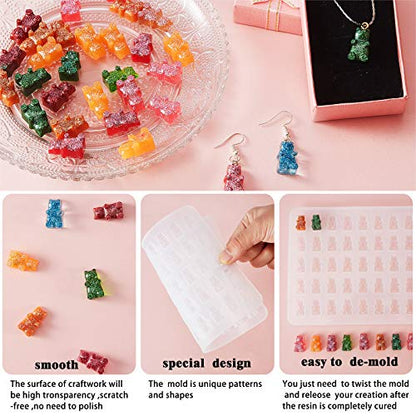 Patelai 2 Pcs 3D Bear Resin Silicone Molds Gummy Small Bear Epoxy Shape Casting Mold Jewelry Making Keychain Mold and 200 Pcs Silver Gold Screw Eye Pin for DIY Pendant Craft Making Supplies